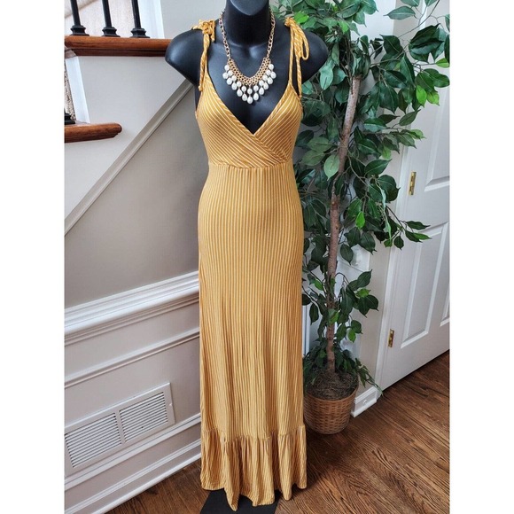 Alya Women's Brown Striped Rayon V-Neck Strappy Long Maxi Dress Size X-Small - Picture 9 of 9